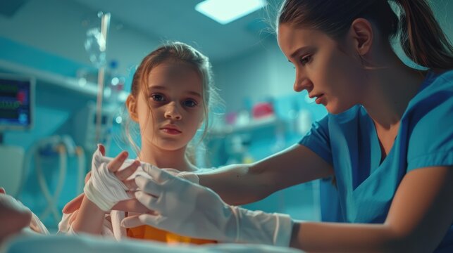 Female orthopedic tying bandage on girl's hand in hospital