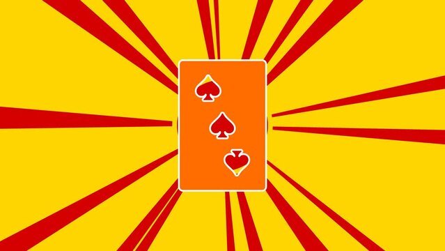 Three of Spades playing card on the background of animation from moving rays of the sun. Large orange symbol increases slightly. Seamless looped 4k animation on yellow background