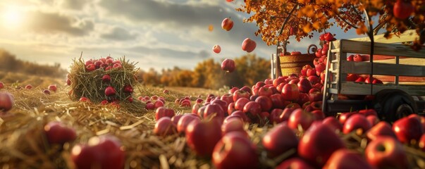 Family going on a hayride for National Apple Day, October 21st, enjoying scenic views and apple-themed treats, 4K hyperrealistic photo.
