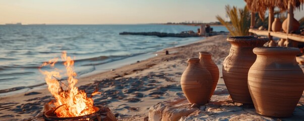 Summer beachside pottery firing demonstration, potters and kiln firing, 4K hyperrealistic photo.