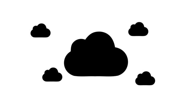 Zoom in and out animation the cloud symbol. Large black symbol in the center and four small symbols around. Seamless looped 4k animation on white background