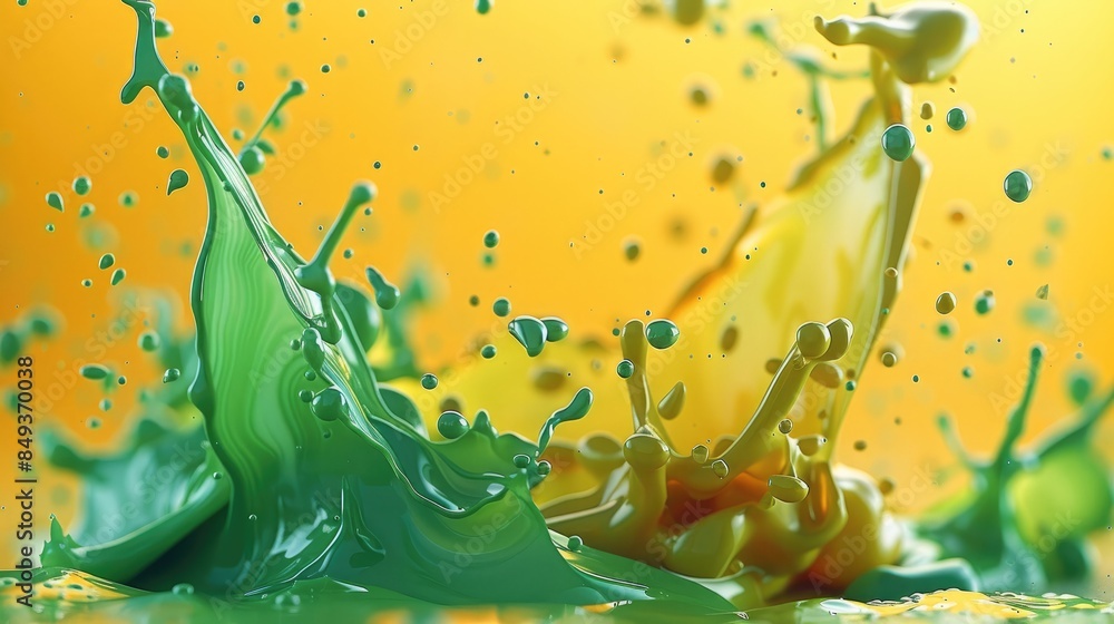 Poster Tropical 3D ink splashes in vivid green and yellow forming abstract art. Generative AI.