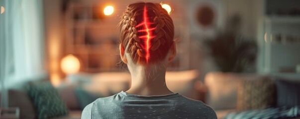 Back view of woman with highlighting nervous system issues. Medical care, diagnosis, neurology concept.