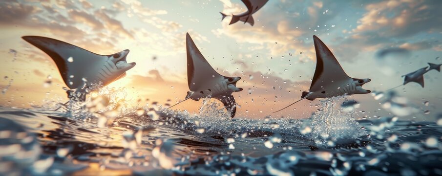 Graceful mobula rays leaping out of the water, 4K hyperrealistic photo