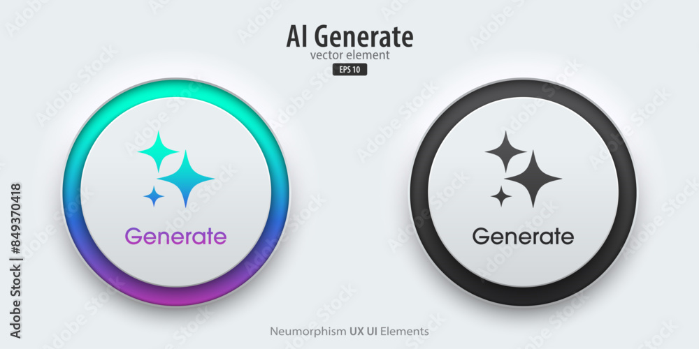 Aufkleber Generate AI icon buttons. A set of active and inactive buttons with Generate AI symbols. Artificial intelligence learning technology concept. Neumorphism style, UI UX design, Vector illustration.