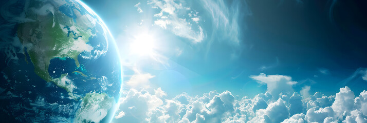 An image of Earth from space with a bright sunlight and clouds creating a peaceful atmosphere. Ideal for environmental or conservation themes and has ample copy space.