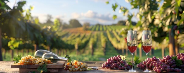 Outdoor wine tasting event with vineyard views, wine glasses and summer flavors, 4K hyperrealistic photo.