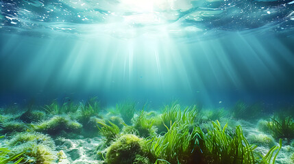 Fototapeta premium Beautiful sea background with algae on the bottom, featuring large copyspace area with sunlight permeating the clear water, ideal for meditation or environmental themes.