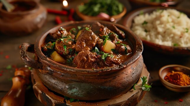 A beautifully arranged dish of Zimbabwean sadza with beef stew and greens, served in traditional clay pots, rustic kitchen background, natural daylight