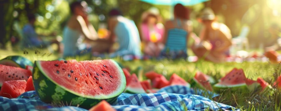 Friends having a picnic in the park for National Watermelon Day, August 3rd, refreshing watermelon slices and good times, 4K hyperrealistic photo.