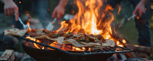 Friends hosting a bonfire for National Taco Day, October 4th, grilling tacos and enjoying the warmth, 4K hyperrealistic photo.