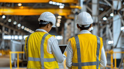 Two engineers with safety gear discuss over a tablet in an industrial setting