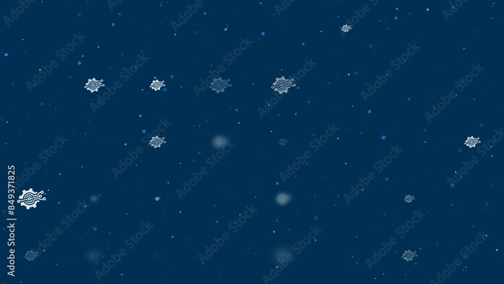Poster template animation of evenly spaced digital tech symbols of different sizes and opacity. animation o