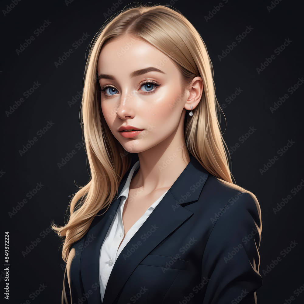 Poster portrait of a woman suit, isolated black background, art vector style