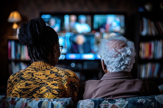 Two elderly individuals watching television at home. The woman, Black, wears glasses and a yellow sweater. The man, Caucasian, has white hair. - Powered by Adobe