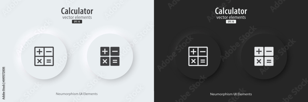 Poster calculator icon. a set of black and white round buttons with calculator symbols. icon in trendy neum