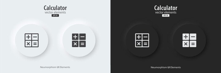Calculator icon. A set of black and white round buttons with Calculator symbols. Icon in trendy neumorphic style. 3D Neumorphism design style for apps, websites, and interfaces. Vector Illustration