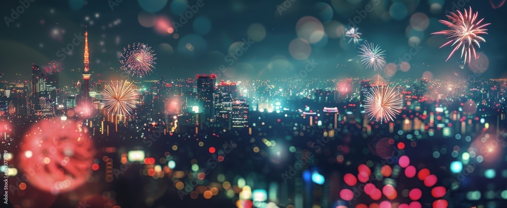 Poster abstract blurred cityscape background with fireworks in the sky blurred panoramic view of night metr