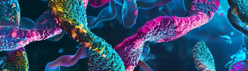 Colorful microscopic abstract view of twisted strands with a shimmery finish on a dark background, resembling biological structures.