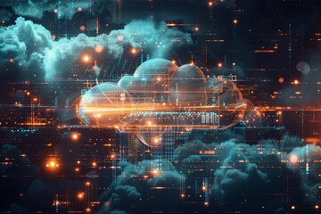 Fototapeta premium An abstract visualization of cloud computing with digital elements representing data processing and AI operations in the cloud. Generative AI