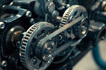 Fototapeta premium Precision Engineering: Close-Up of Car Timing Belt and Pulleys Highlighting Mechanic Quality