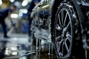 Fototapeta premium Close-Up of Car Wheels Being Detailed and Polished with Water Splashing - Perfect for Auto Detailing Promotions