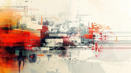 Dynamic abstract digital art with vibrant gradients and complex geometric patterns in red, orange, and black hues on a white background.