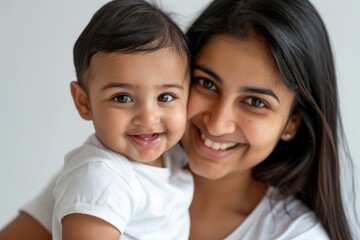 A blissfully smiling Indian mother cradles a baby boy in a white T-shirt, grey top and jeans at home. White background, white walls
