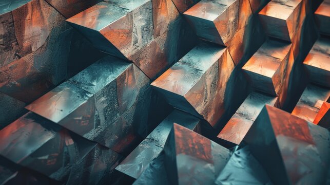 Blue and orange geometric shapes form an abstract background.