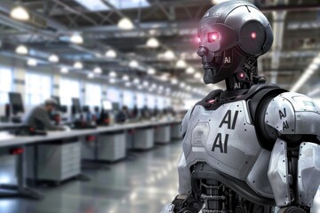Humanoid robot in a modern office, representing the integration of artificial intelligence in corporate work environments