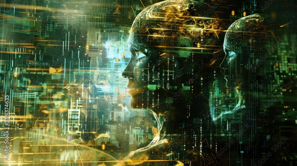 Poster artificial intelligence, with binary codes morphing into human-like figures