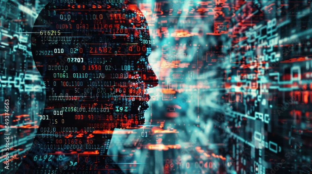 Poster artificial intelligence, with binary codes morphing into human-like figures