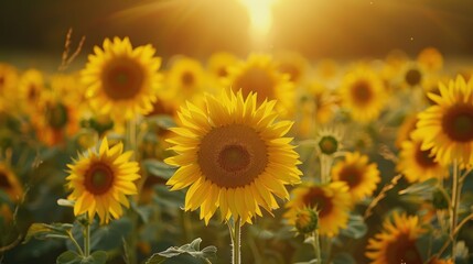 Obraz premium A field of yellow sunflowers with a bright sun in the background