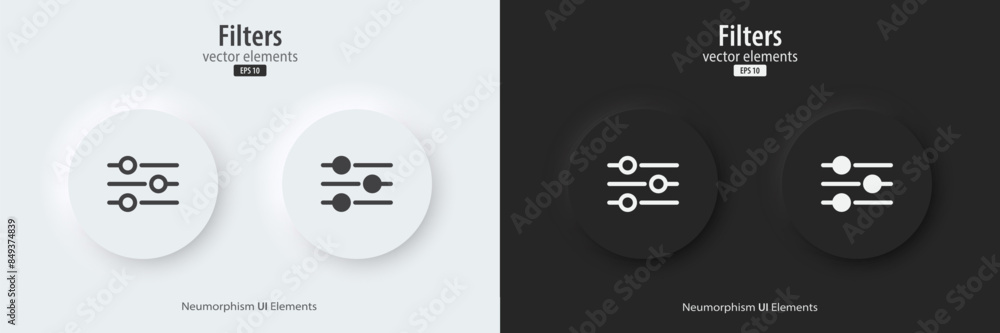 Fototapete 3d filter icon. a set of black and white round buttons with filter symbol. icon in trendy neumorphic
