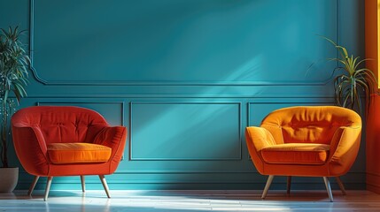 Orange and teal armchairs in a sleek, minimalist living room, colorful and clean. Generative AI.