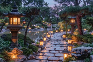 Obraz premium A walkway with lanterns lit up in a garden. The lanterns are lit up in a way that creates a warm and inviting atmosphere
