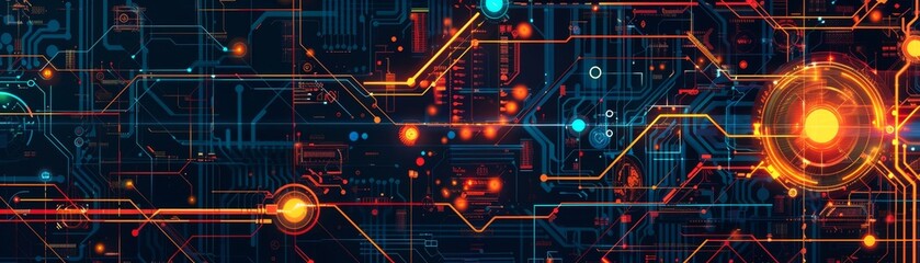 Futuristic circuit board with glowing lines and nodes, representing advanced technology, connectivity, and digital innovation concepts.