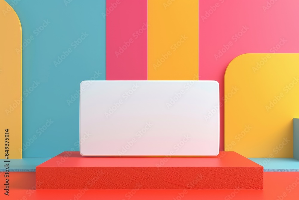 Poster white box is on a red platform in front of a colorful wall