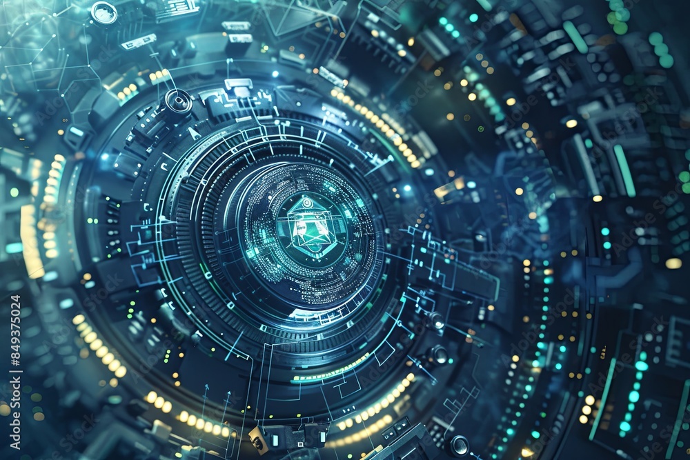 Aufkleber An abstract depiction of futuristic cybersecurity elements, including digital locks, shields, and network nodes, all protected by AI algorithms. Generative AI