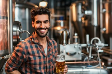 Smiling young adult brewer with a pint of beer at a brewery