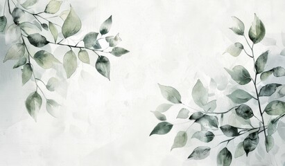 background with leaves，White Watercolor Paper in the Style of Japanese Woodblock Prints. Minimalistic Plain White Background.

