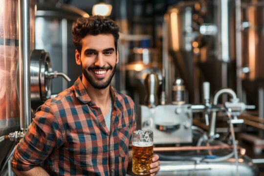 Smiling young adult brewer with a pint of beer at a brewery