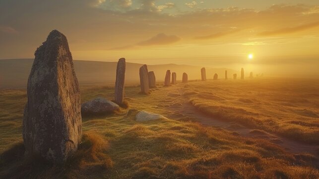 A field of rocks with a sun in the sky
