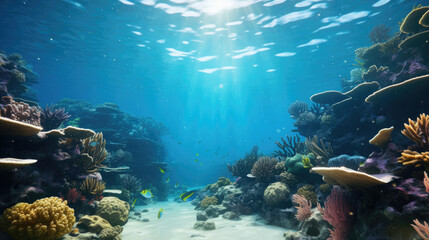 Fototapeta premium Underwater scene with colorful coral reef and various tropical fish, background