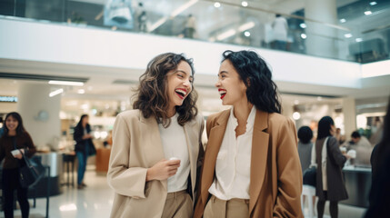 Obraz premium Two smiling young women shopping at mall, carrying shopping bags