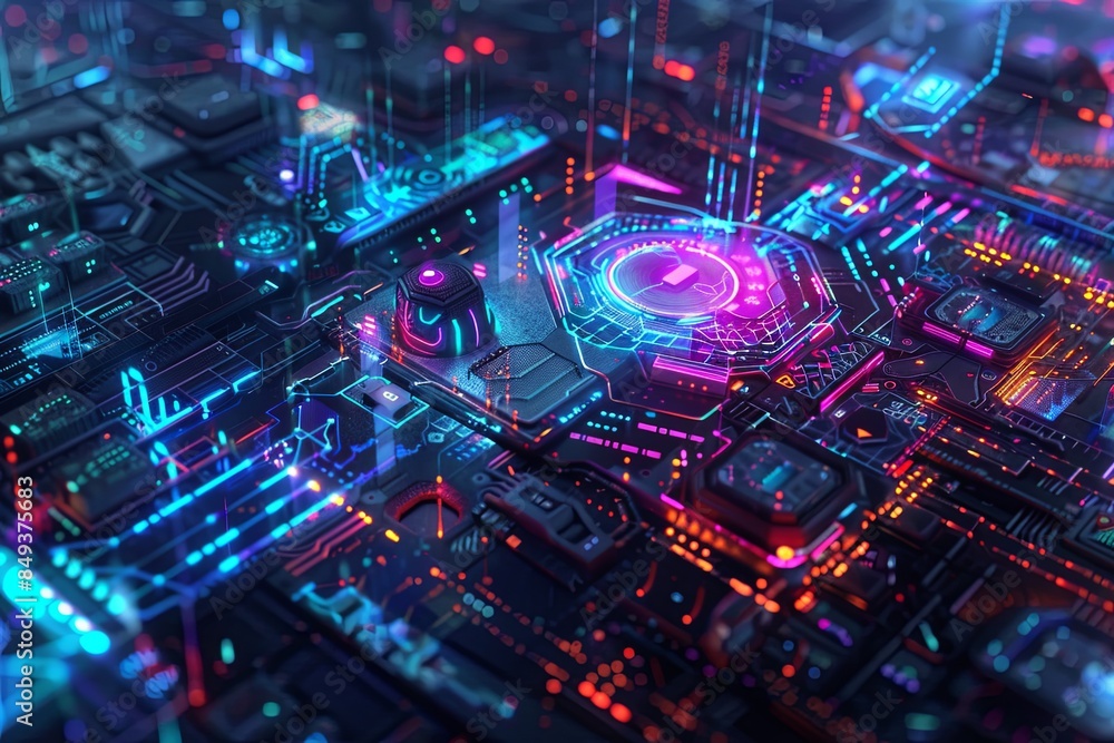 Poster Abstract depiction of cybersecurity elements, including digital locks, shields, and network nodes, protected by AI algorithms. Generative AI