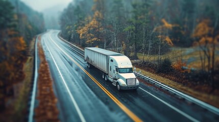 Obraz premium White semi truck cruises along a picturesque autumn highway