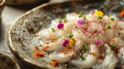 Obraz premium A closeup of fugu sashimi arranged beautifully on a ceramic plate, garnished with edible flowers and radish slices, in a highend Japanese restaurant setting