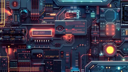 Fototapeta premium Futuristic digital circuit board with glowing lights and intricate technology patterns, showcasing advanced tech innovation and design.
