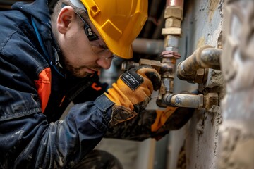 Professional Plumber Fixing Damaged Pipe in Basement Using Specialized Tools and Safety Gear